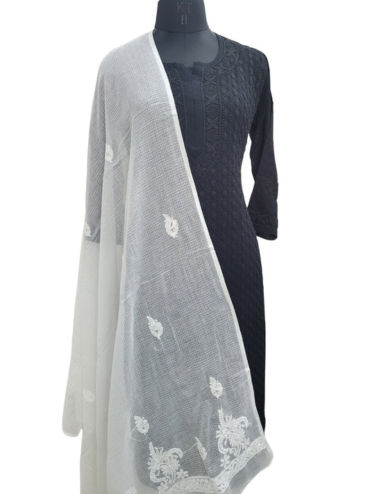 Shyamal Chikan Hand Embroidered White Kota Cotton Lucknowi Chikankari Dupatta - S25138