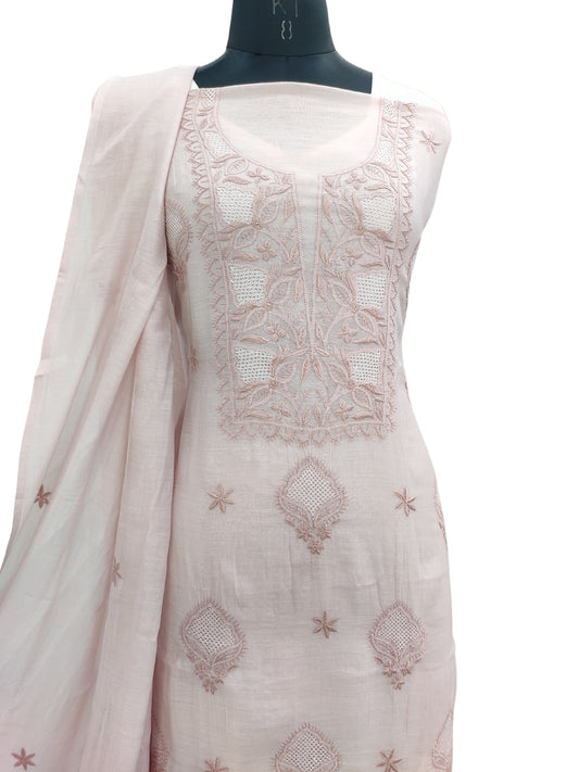 Shyamal Chikan Hand Embroidered Peach Mul Chanderi Lucknowi Chikankari Unstitched Suit Piece With Jaali Work (Kurta Dupatta Set) - S23730