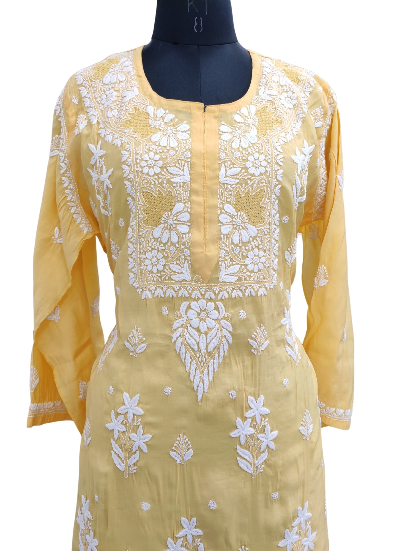 Shyamal Chikan Hand Embroidered Yellow Cotton Silk Lucknowi Chikankari Semi Stitched Kurti- S23528