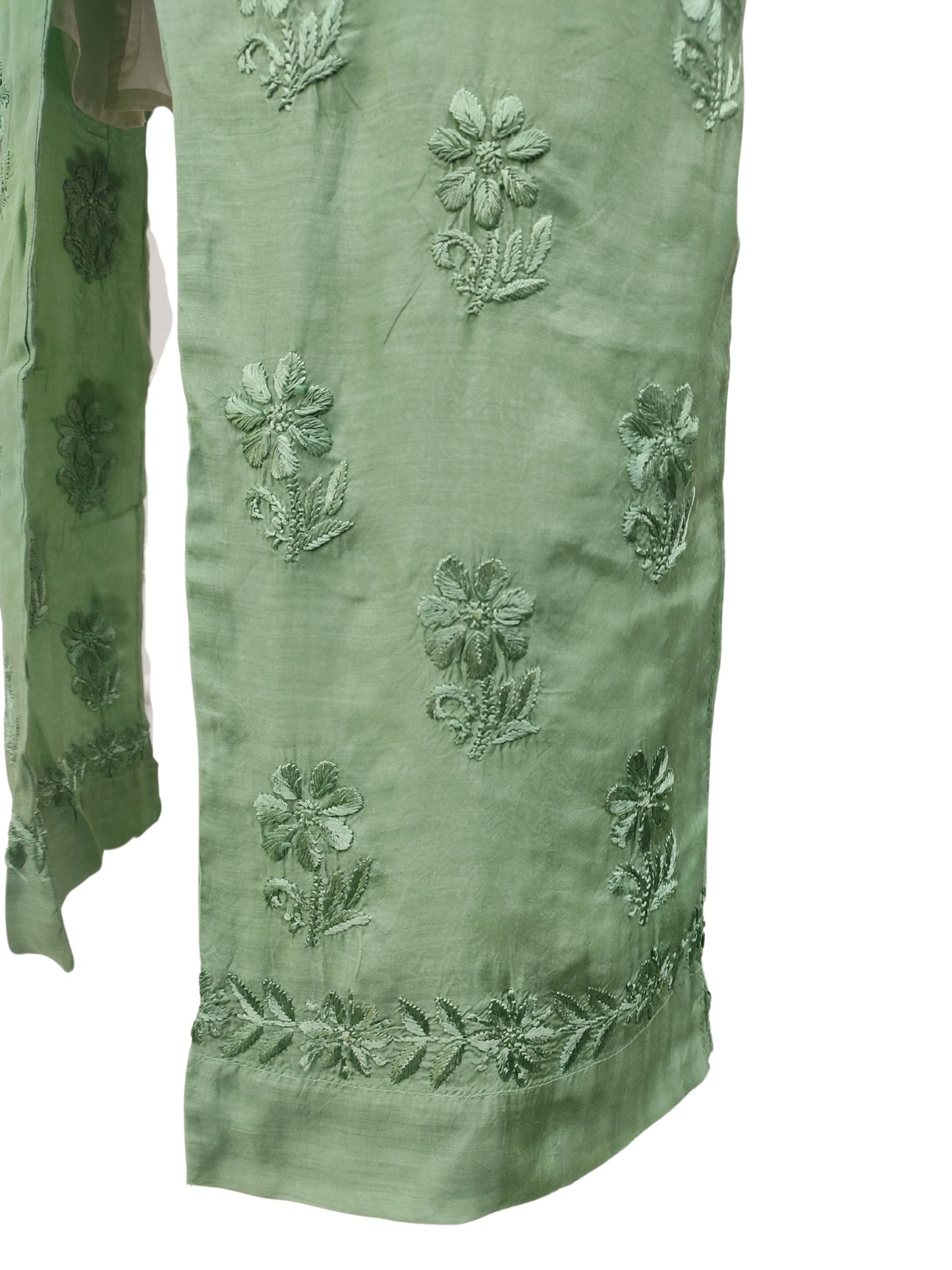 Shyamal Chikan Hand Embroidered Green Muslin Lucknowi Chikankari Kurta and Bottom Set - 23576