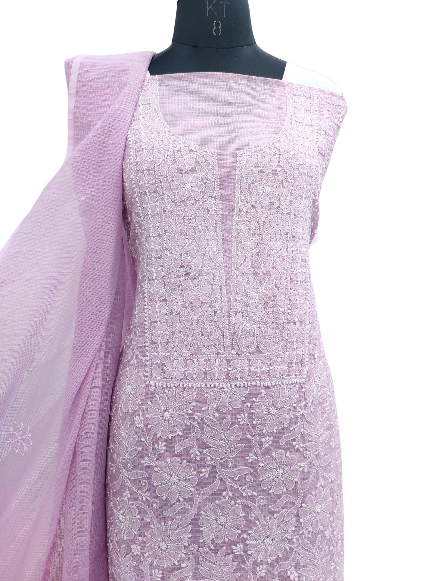 Shyamal Chikan Hand Embroidered Lavender Kota Cotton Lucknowi Chikankari Unstitched Suit Piece ( Kurta Dupatta Set ) - S22729