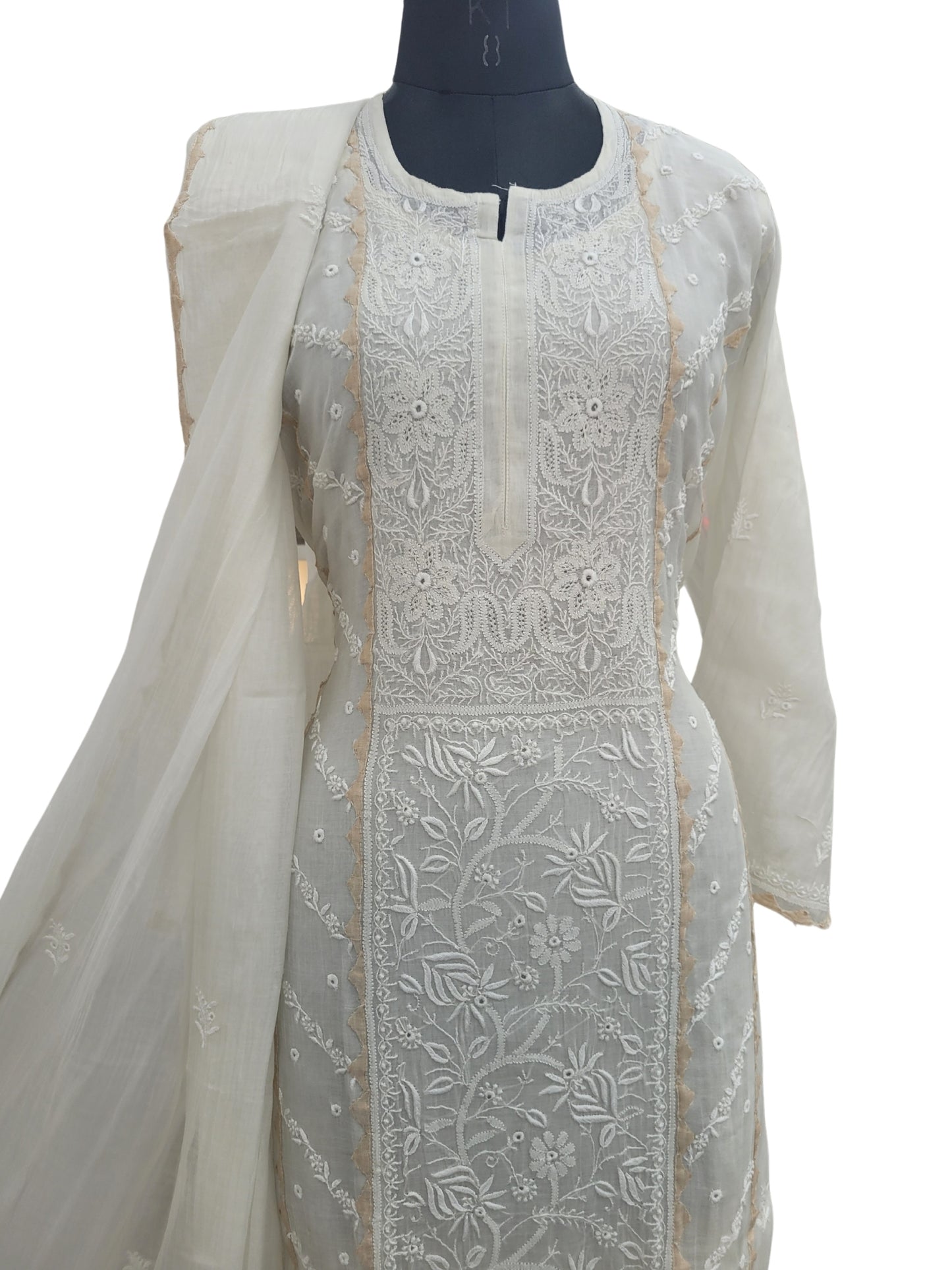 Shyamal Chikan Hand Embroidered White Mul Chanderi Lucknowi Chikankari semi stitched Suit Piece With Daraz Work (Kurta Dupatta Set) - S25086