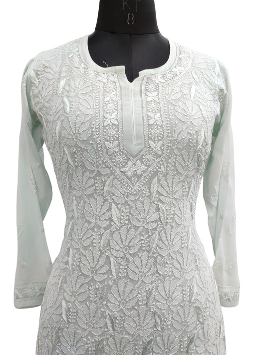 Shyamal Chikan Hand Embroidered Sea Green Viscose Georgette Lucknowi Chikankari Short Top - S25346