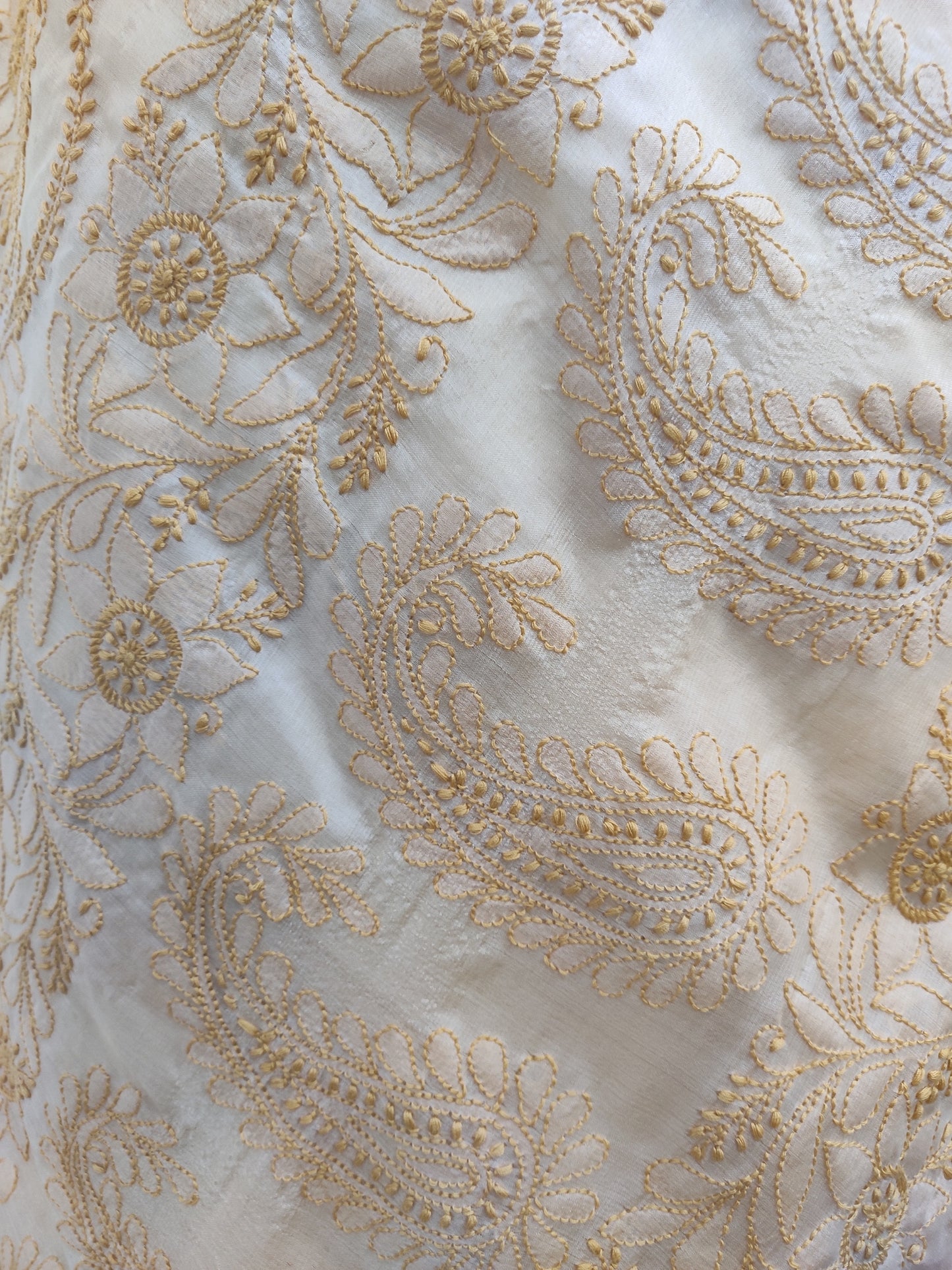 Shyamal Chikan Hand Embroidered Beige Pure Tusser Silk Lucknowi Chikankari Saree With Blouse Piece- S20535