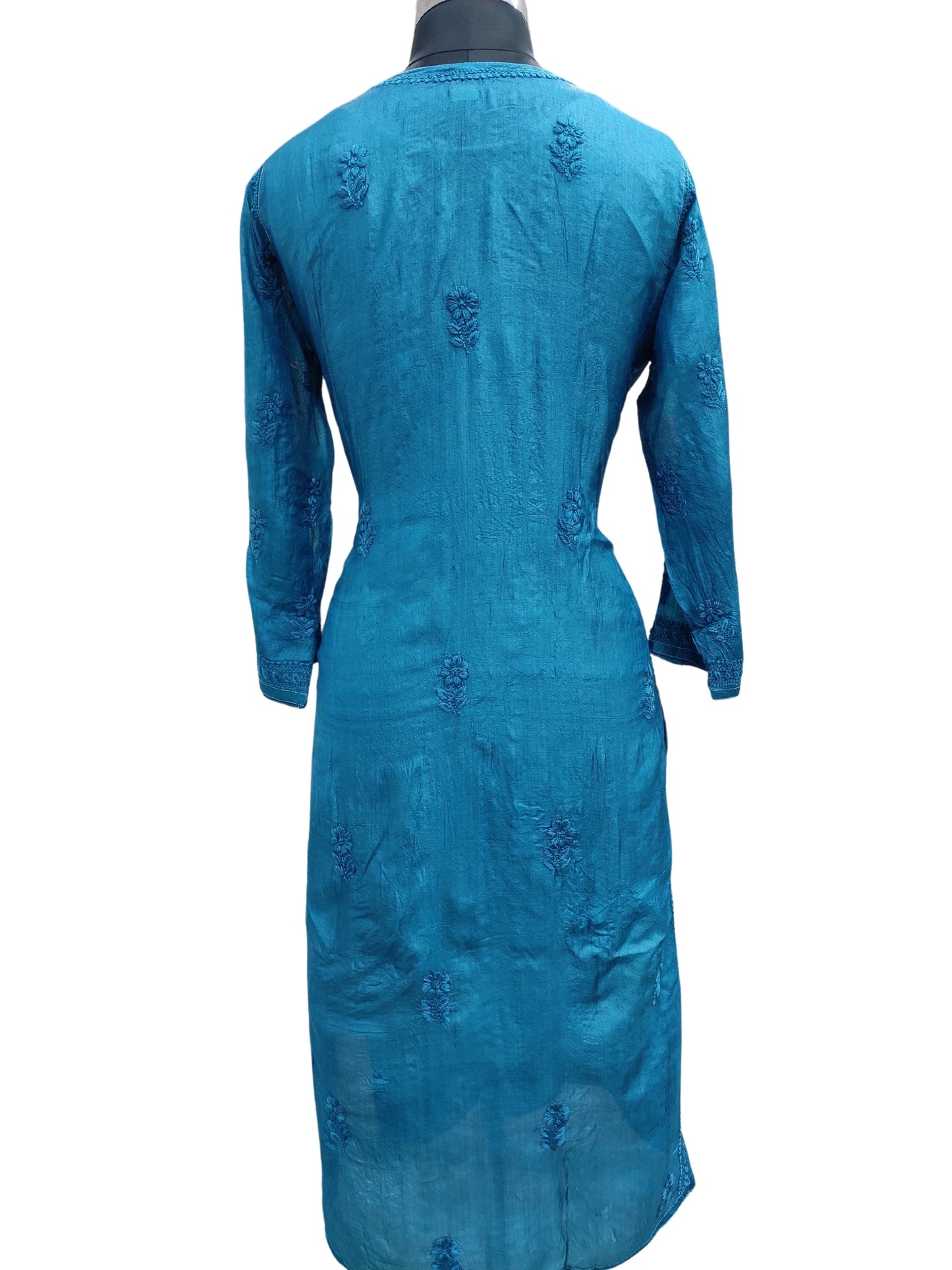 Shyamal Chikan Hand Embroidered Blue Pure Tusser Silk Lucknowi Chikankari Kurti- S21729