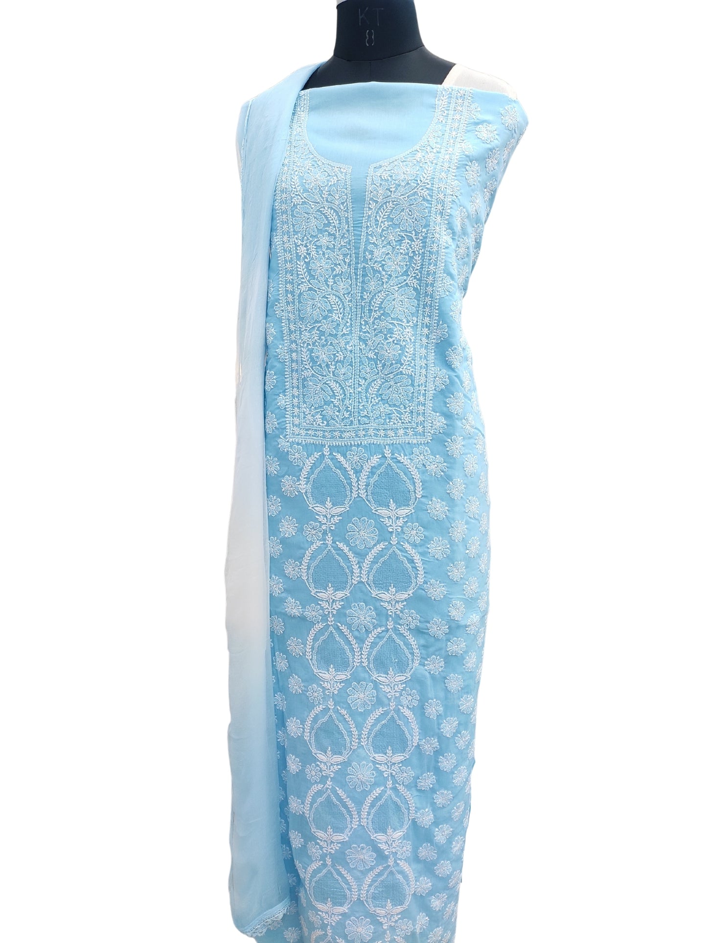 Shyamal Chikan Hand Embroidered Blue Cotton Lucknowi Chikankari Unstitched Suit Piece With Jaali Work- S21853