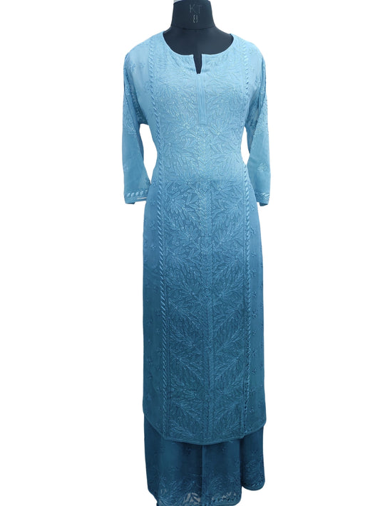 Shyamal Chikan Hand Embroidered Blue Viscose Georgette Lucknowi Chikankari Kurta and Bottom Set - 23671