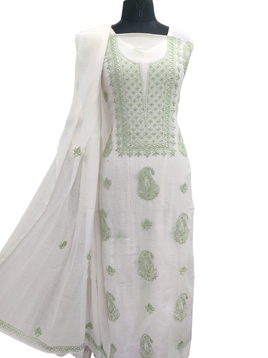 Shyamal Chikan Hand Embroidered White Mul Chanderi Lucknowi Chikankari Unstitched Suit Piece (Kurta Dupatta Set) - 23687