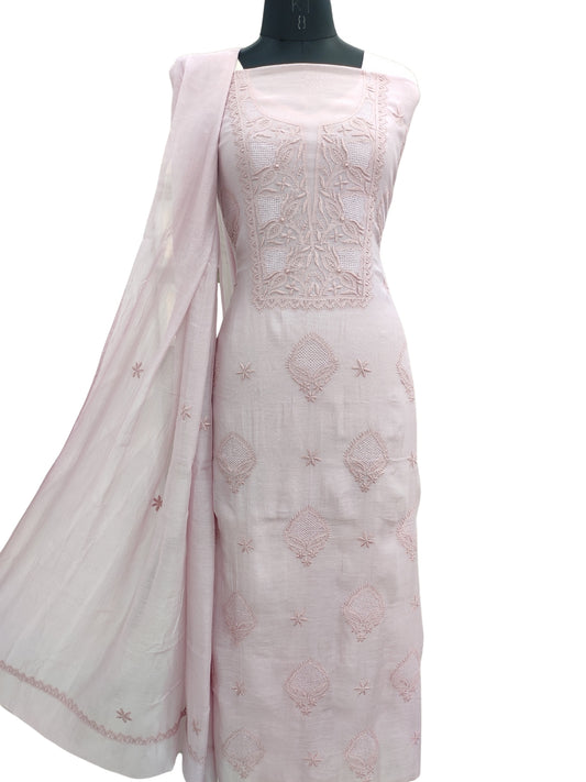 Shyamal Chikan Hand Embroidered Peach Mul Chanderi Lucknowi Chikankari Unstitched Suit Piece With Jaali Work (Kurta Dupatta Set) - S23728