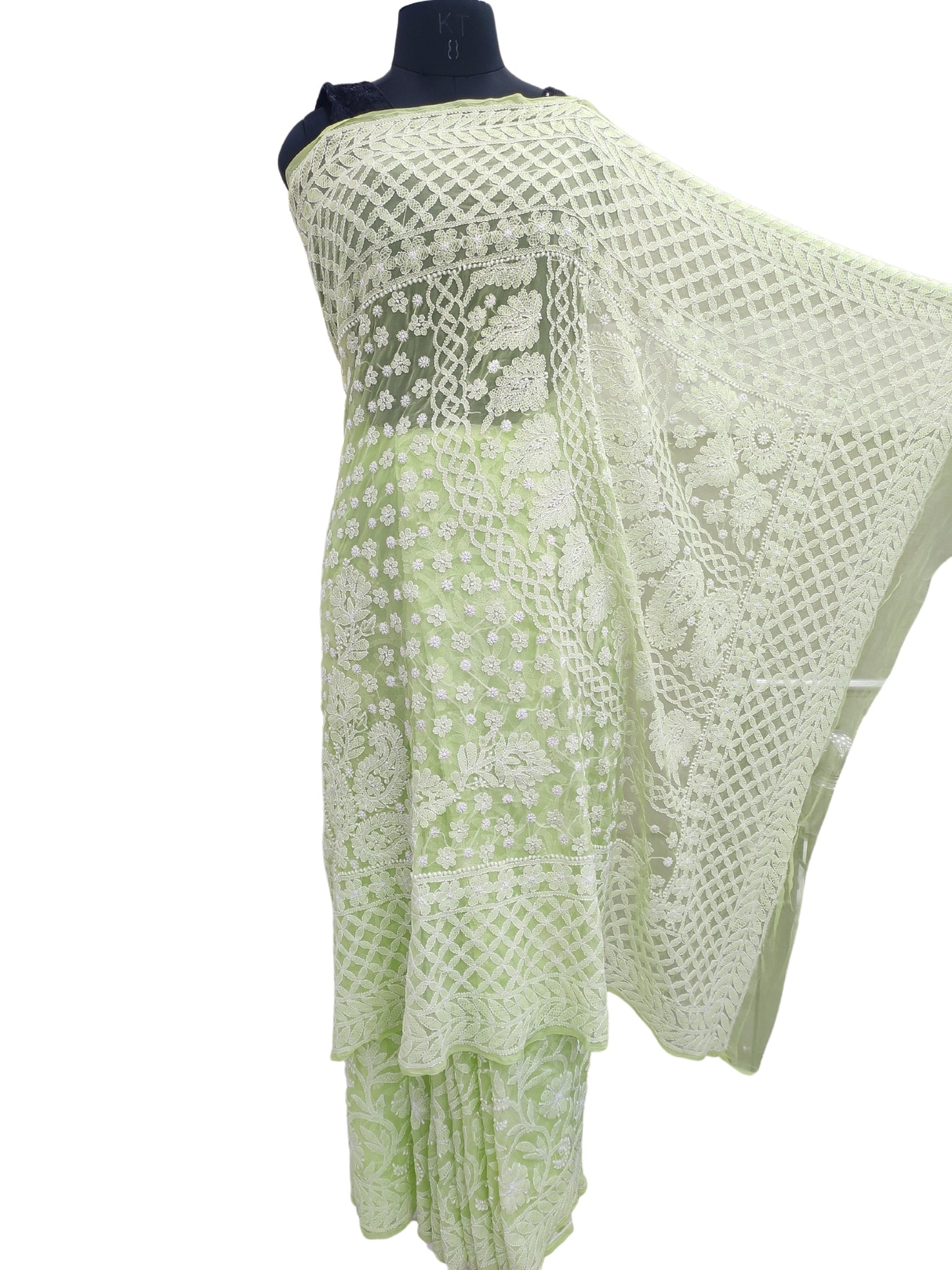 Shyamal Chikan Hand Embroidered Green Georgette Lucknowi Chikankari Full Jaal Saree With Blouse Piece - 23993