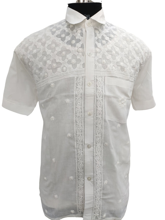 Shyamal Chikan Hand Embroidered White Cotton Lucknowi Chikankari Men's Shirt With Daraz Work – S23289