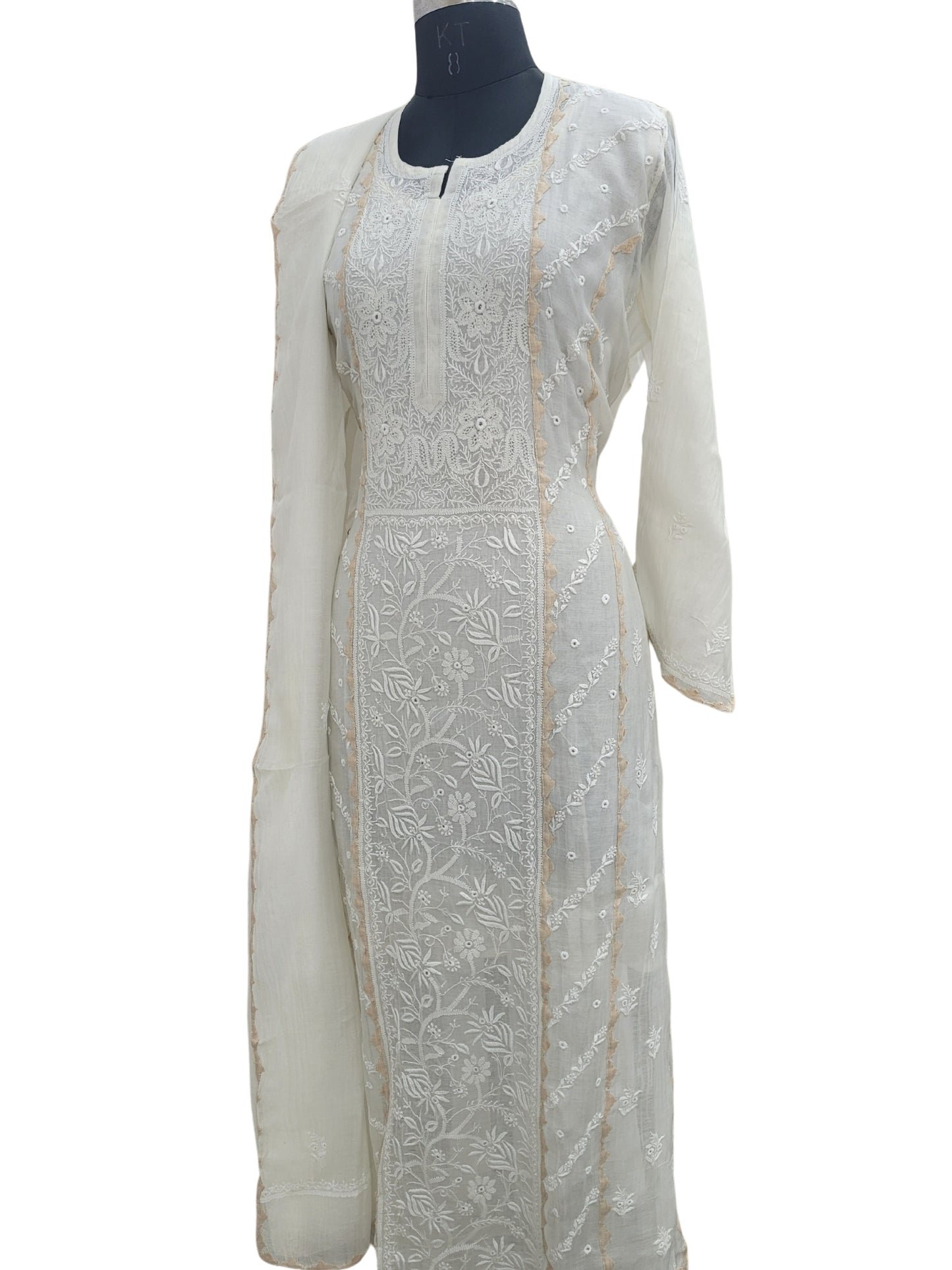 Shyamal Chikan Hand Embroidered White Mul Chanderi Lucknowi Chikankari semi stitched Suit Piece With Daraz Work (Kurta Dupatta Set) - S25086