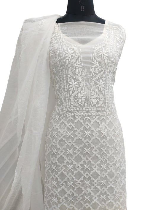 Shyamal Chikan Hand Embroidered White Organza Lucknowi Chikankari Unstitched Suit Piece (Kurta Dupatta Set)  - S24827