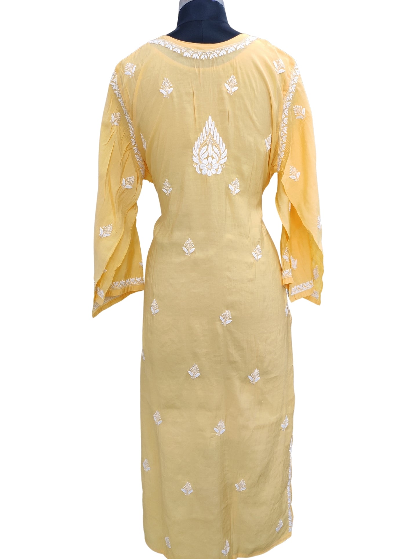 Shyamal Chikan Hand Embroidered Yellow Cotton Silk Lucknowi Chikankari Semi Stitched Kurti- S23528