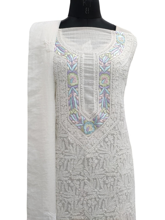 Shyamal Chikan Hand Embroidered White Kota Cotton Lucknowi Chikankari Unstitched Suit Piece With Parsi Work ( Kurta Dupatta Set ) - S20961