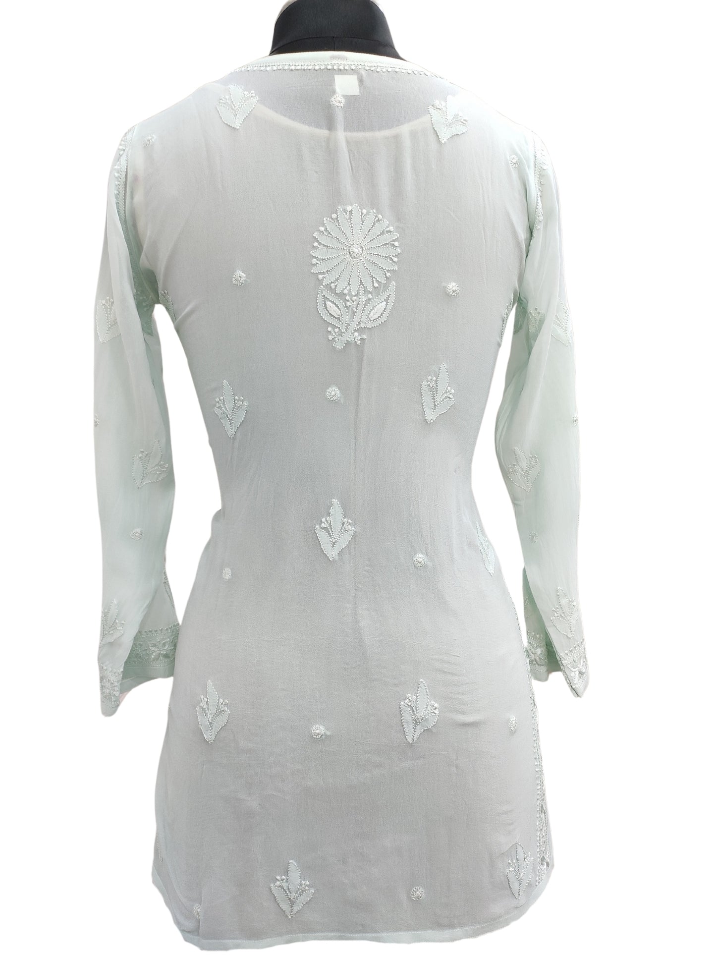 Shyamal Chikan Hand Embroidered Sea Green Viscose Georgette Lucknowi Chikankari Short Top - S25346