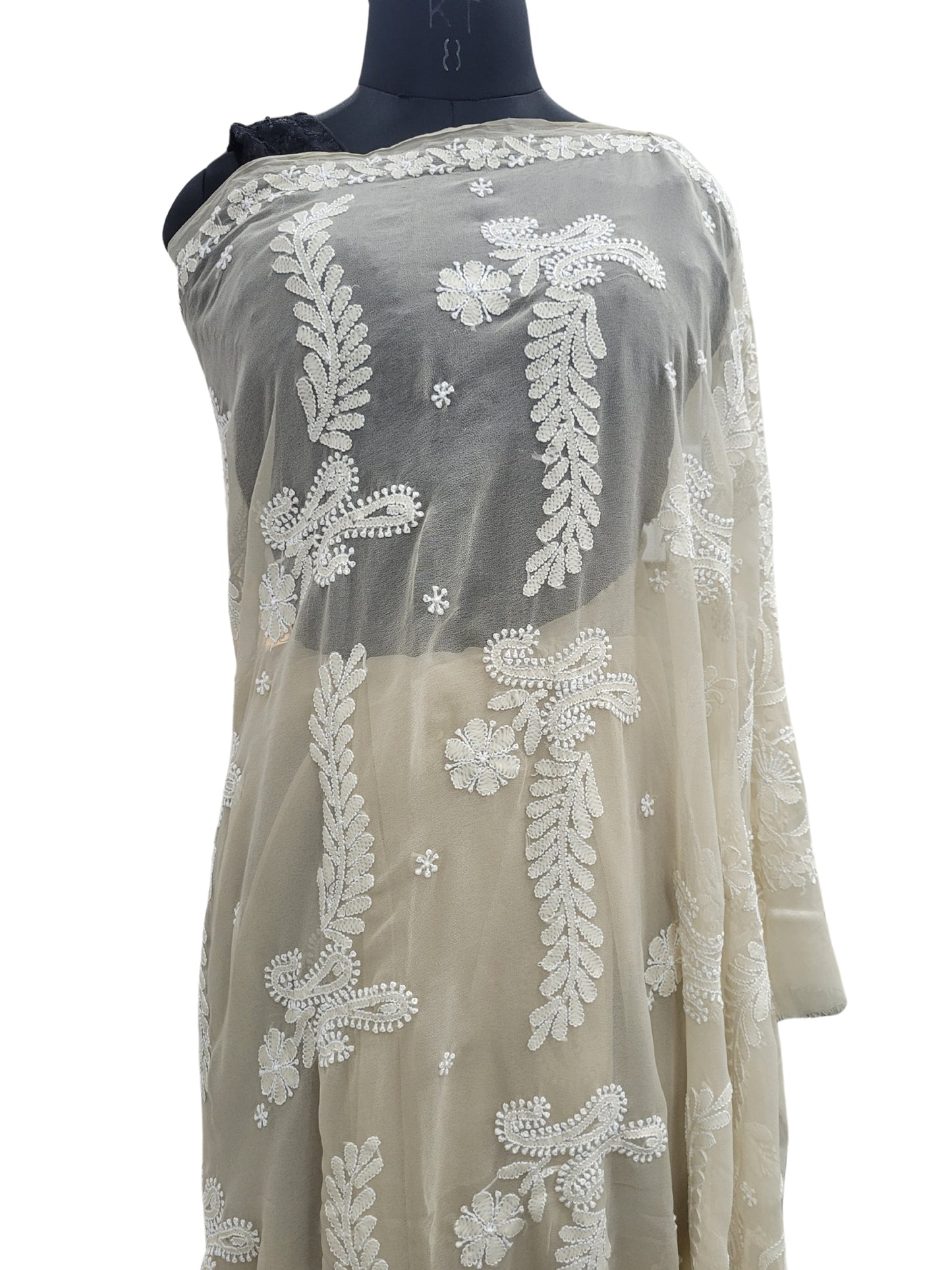 Shyamal Chikan Hand Embroidered Beige Georgette Lucknowi Chikankari Saree With Blouse Piece - S24977