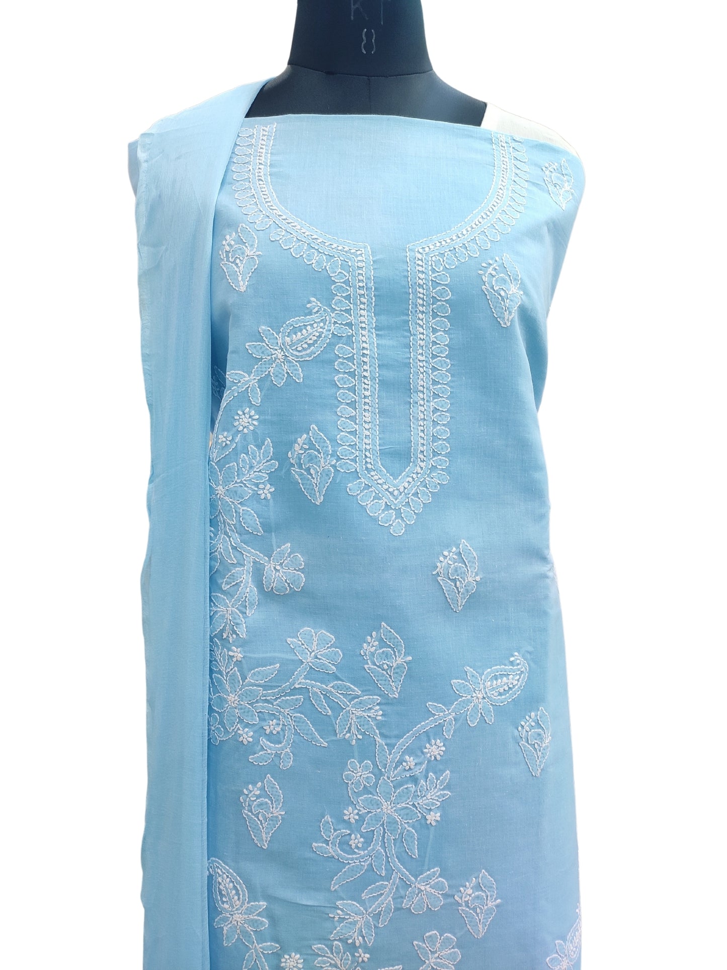 Shyamal Chikan Hand Embroidered Blue Cotton Lucknowi Chikankari Unstitched Suit Piece - S24762