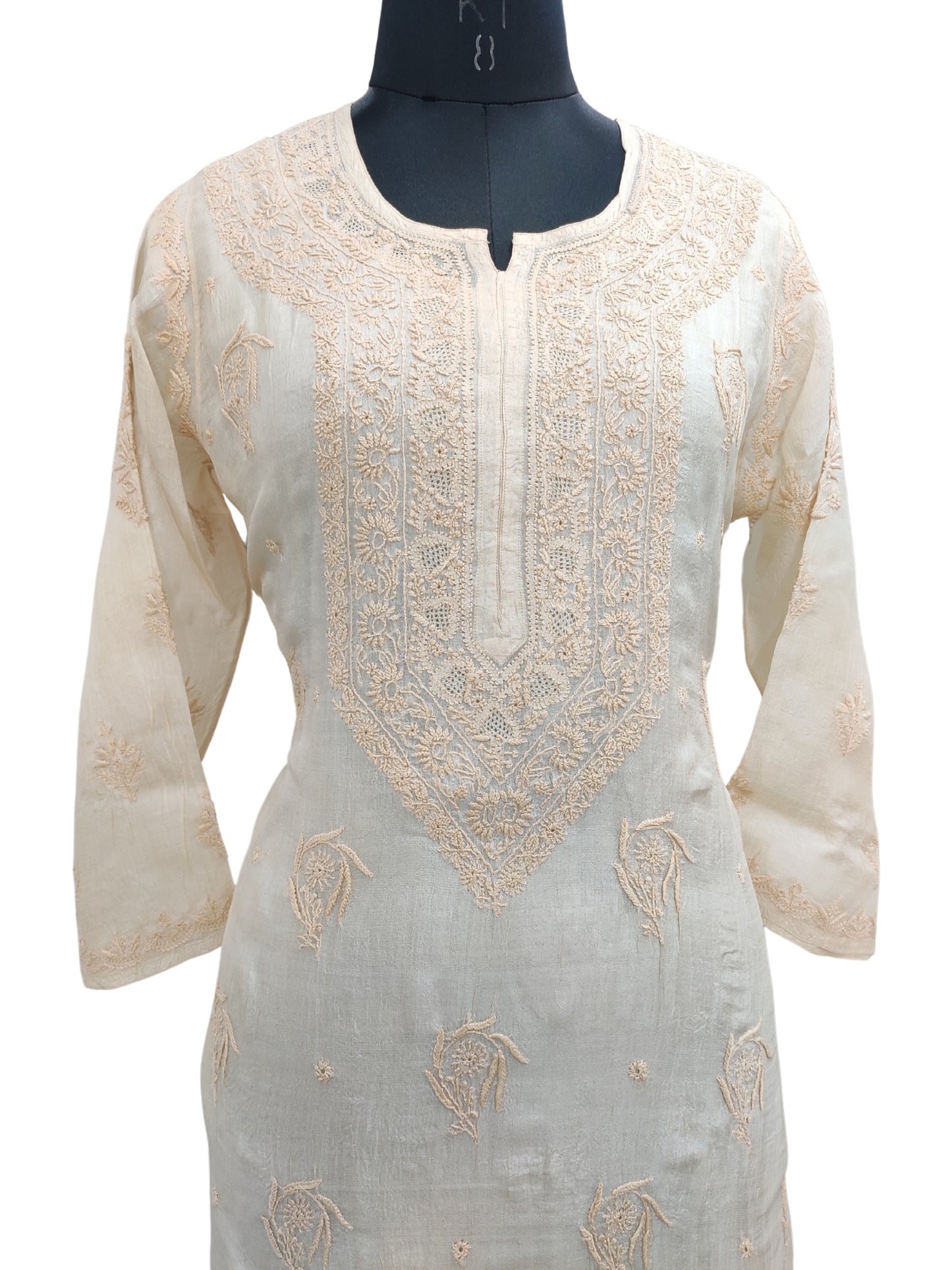 Shyamal Chikan Hand Embroidered Beige Pure Tusser Silk Lucknowi Chikankari Kurti- S25564