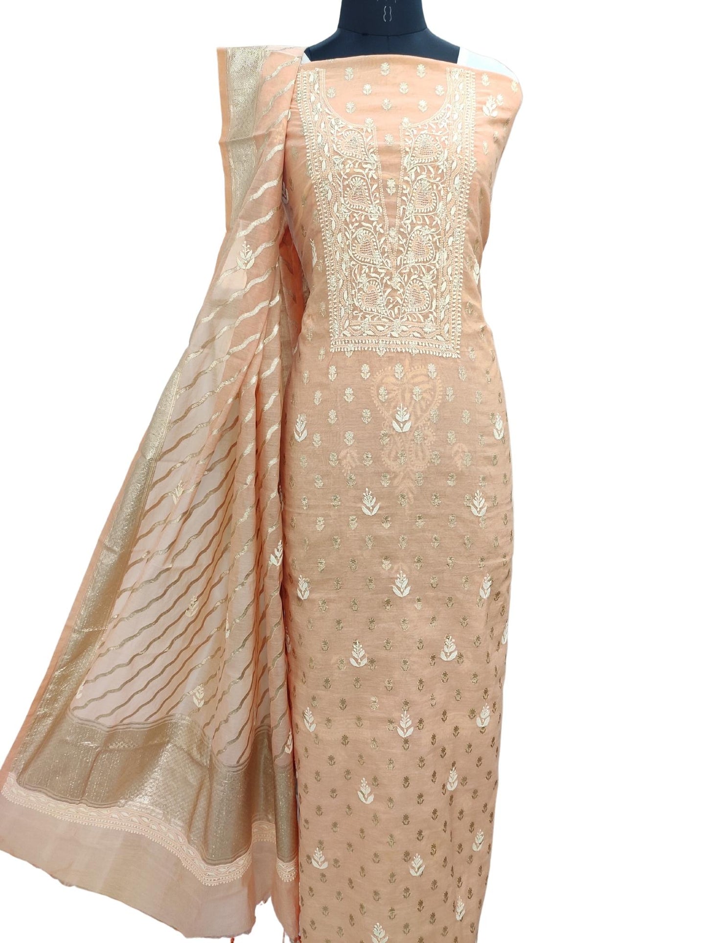 Shyamal Chikan Hand Embroidered Orange Chanderi Lucknowi Chikankari Unstitched Suit Piece ( Kurta Dupatta Set ) S20913