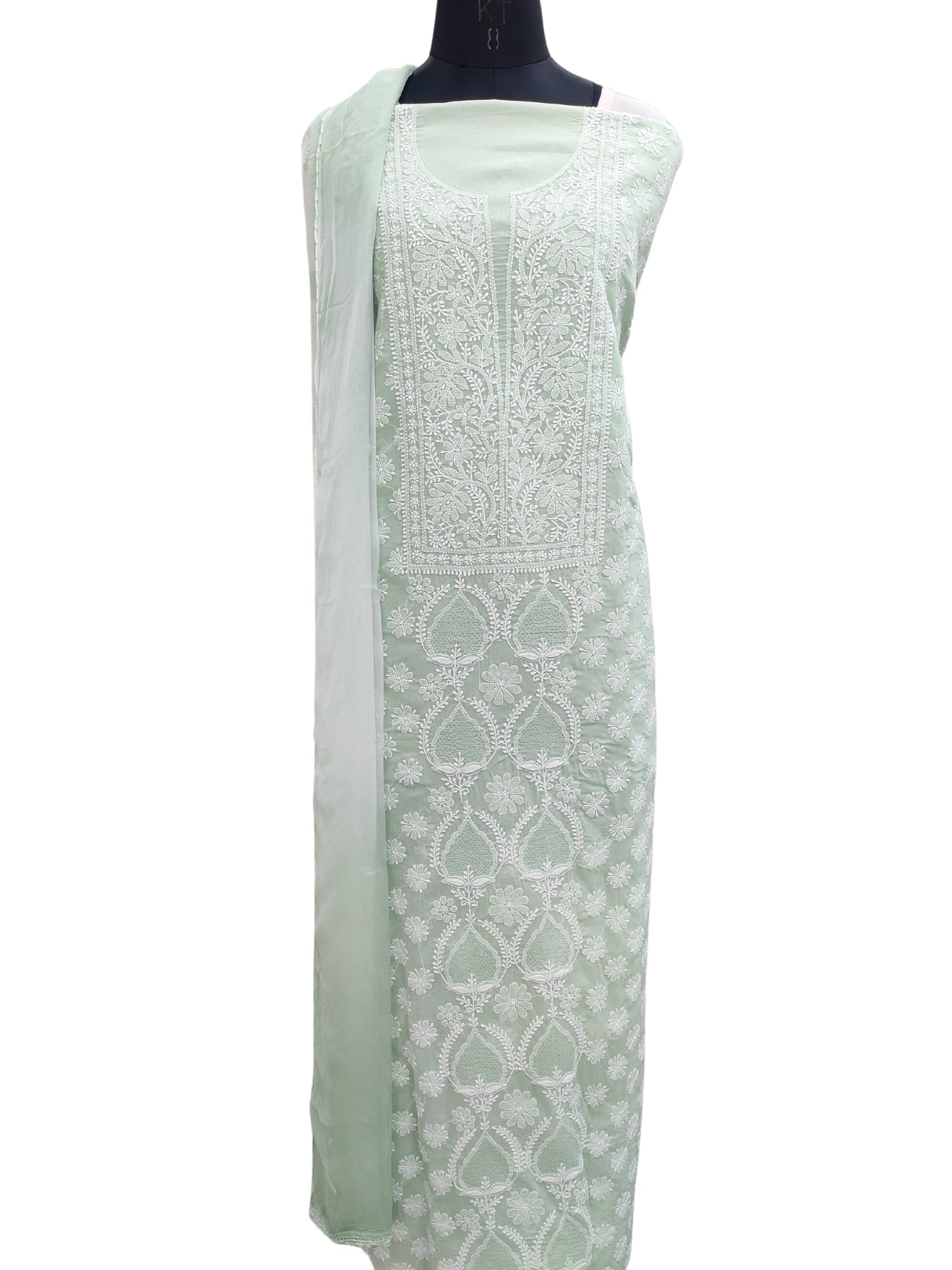 Shyamal Chikan Hand Embroidered Sea Green Cotton Lucknowi Chikankari Unstitched Suit Piece With Jaali Work- S21855