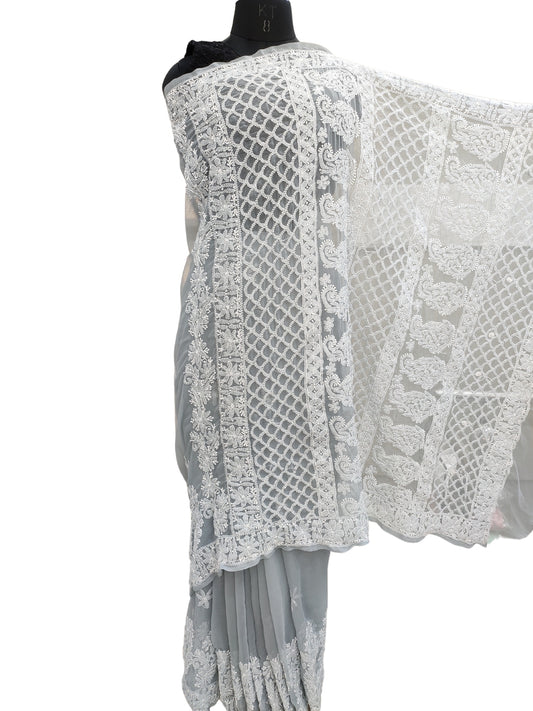 Shyamal Chikan Hand Embroidered Grey Georgette Lucknowi Chikankari Skirt Saree With Blouse Piece - S21929