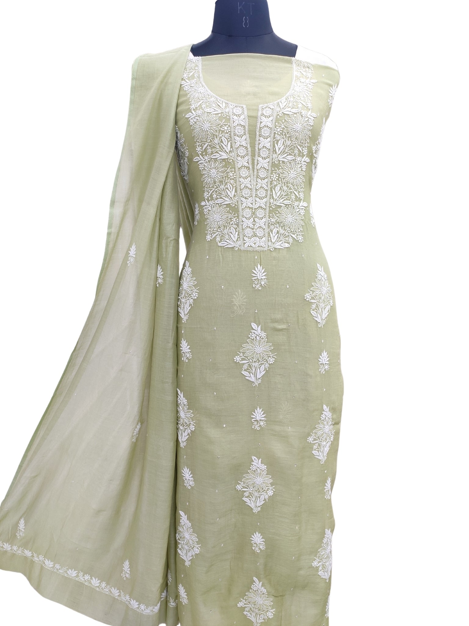 Shyamal Chikan Hand Embroidered Green Mul Chanderi Lucknowi Chikankari Unstitched Suit Piece with Cutdana & Sequin Work (Kurta Dupatta Set) 23886