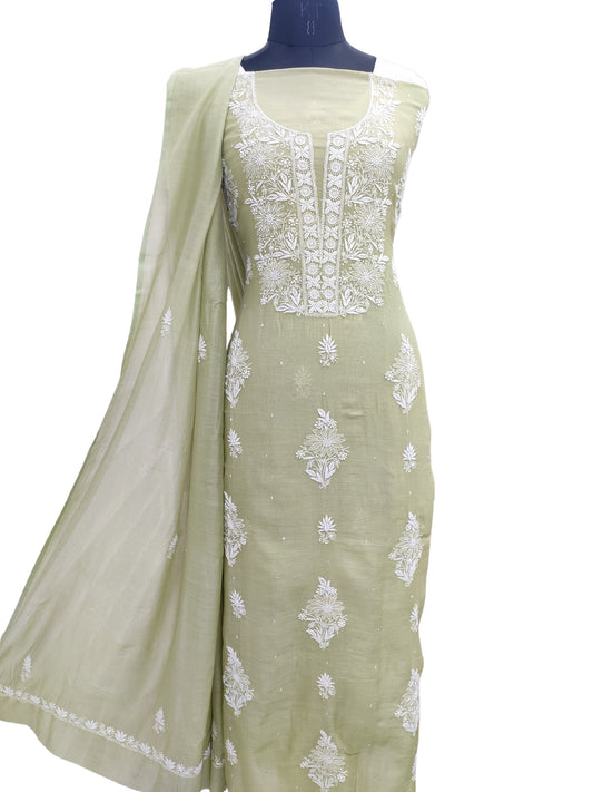 Shyamal Chikan Hand Embroidered Green Mul Chanderi Lucknowi Chikankari Unstitched Suit Piece with Cutdana & Sequin Work (Kurta Dupatta Set) 23886