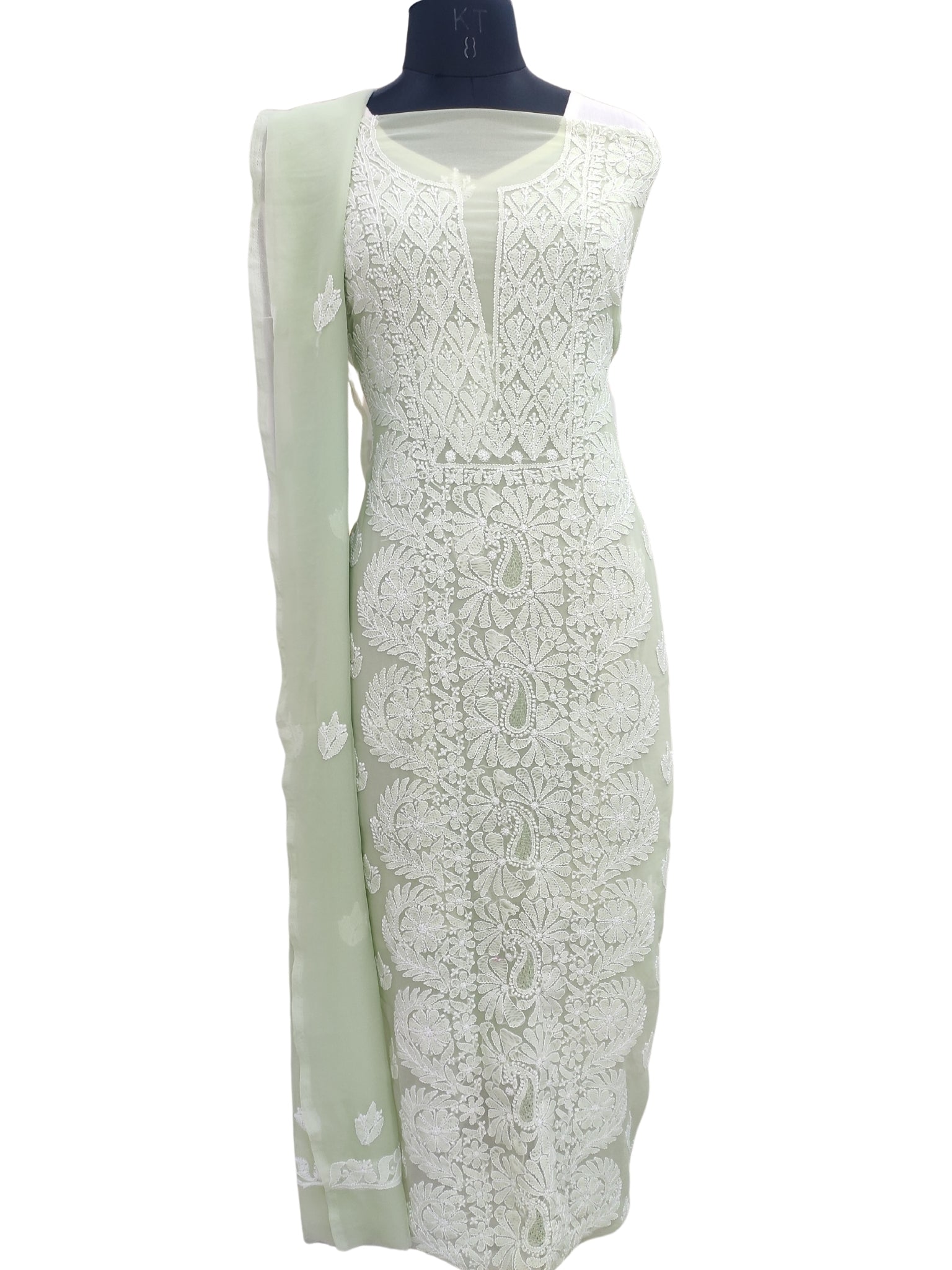 Shyamal Chikan Hand Embroidered Green Georgette Lucknowi Chikankari Unstitched Suit Piece - 24038