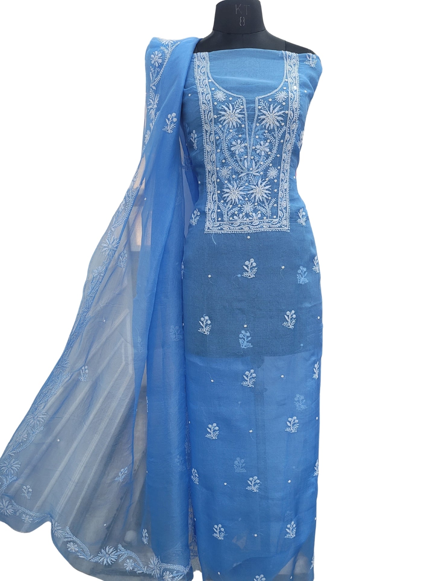 Shyamal Chikan Hand Embroidered Blue Organza Lucknowi Chikankari Unstitched Suit Piece (Kurta Dupatta Set) With Pearl and Cutdana Work - S24065