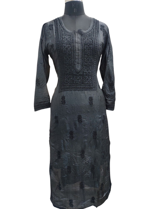 Shyamal Chikan Hand Embroidered Black Pure Tusser Silk Lucknowi Chikankari Kurti- S24417