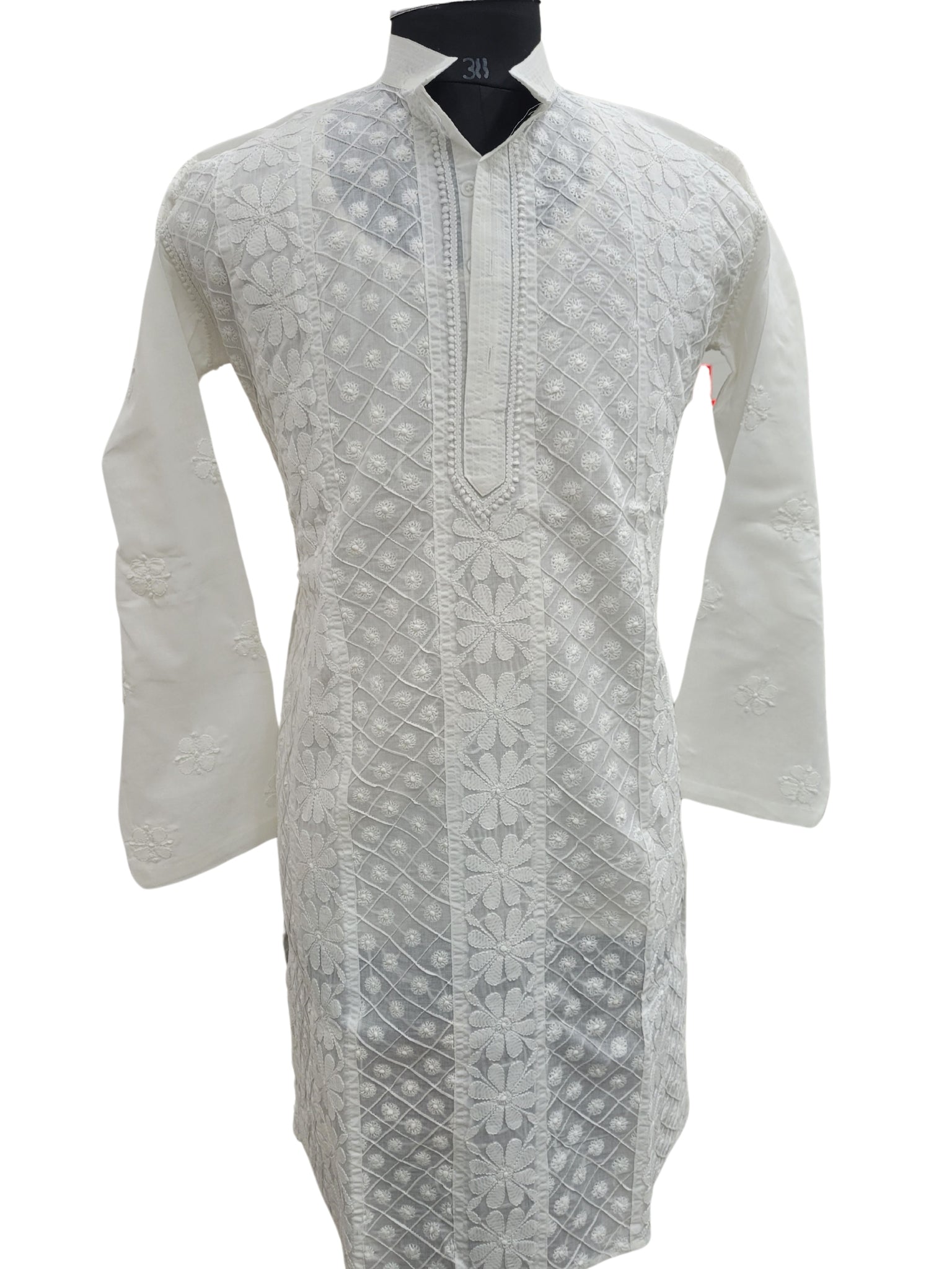 Shyamal Chikan Hand Embroidered White Cotton Lucknowi Chikankari Men's Kurta WIth Pintex Work  –S25157