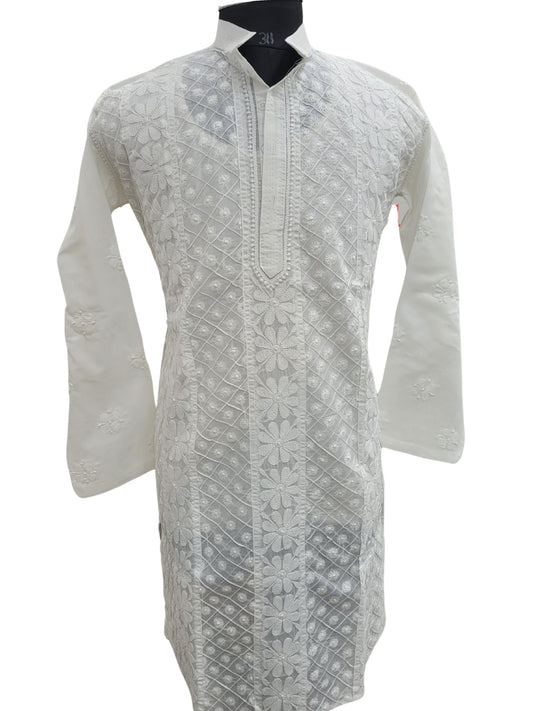 Shyamal Chikan Hand Embroidered White Cotton Lucknowi Chikankari Men's Kurta WIth Pintex Work  –S25157