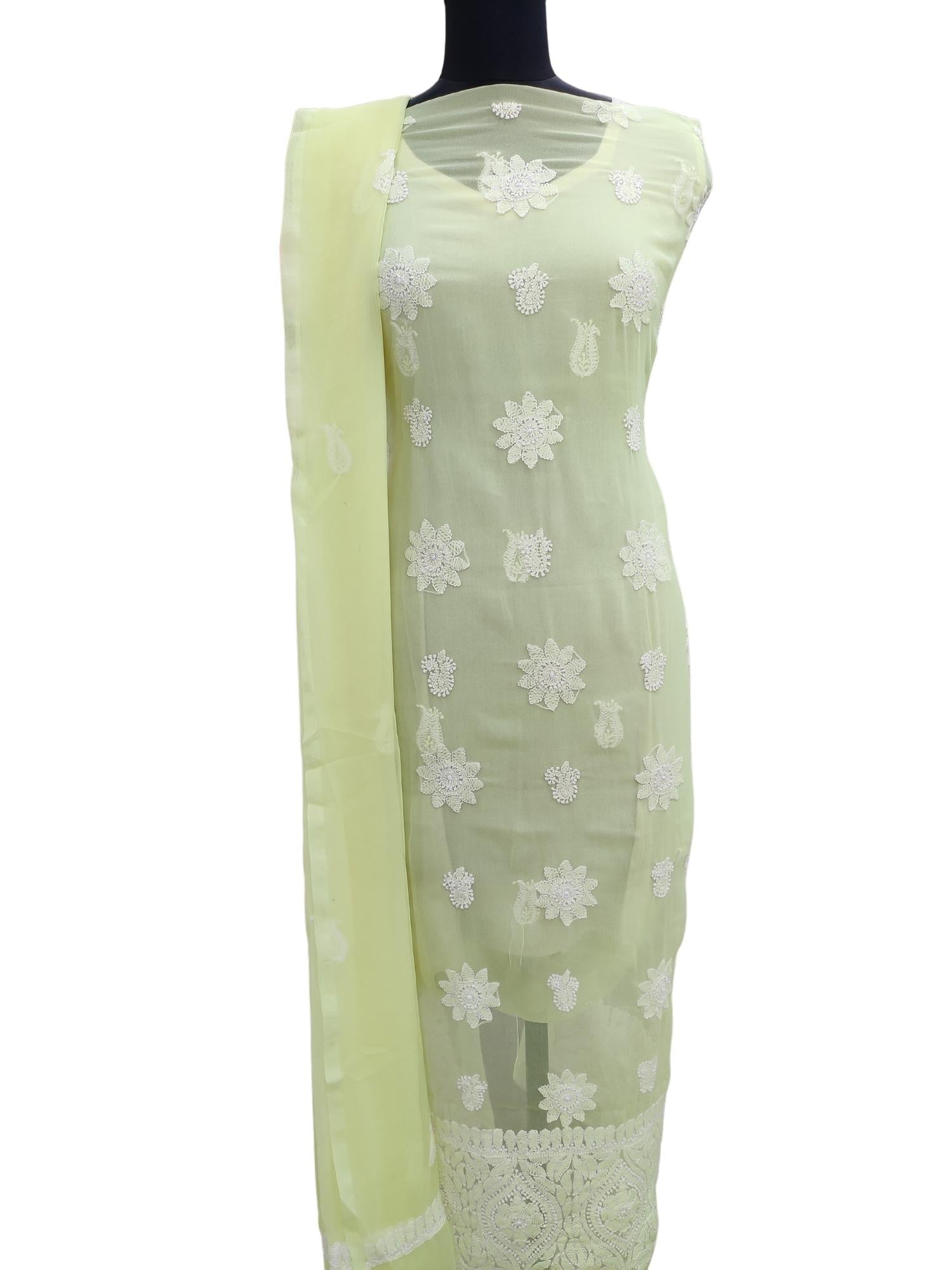 Shyamal Chikan Hand Embroidered Lemon Georgette Lucknowi Chikankari Unstitched Suit Piece - S8862