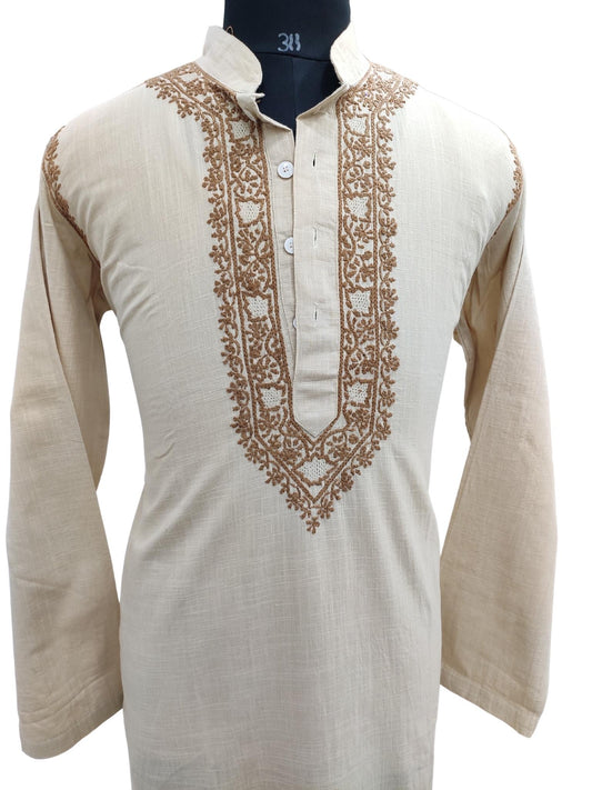 Shyamal Chikan Hand Embroidered Beige Cotton Lucknowi Chikankari Men's Kurta – S17298
