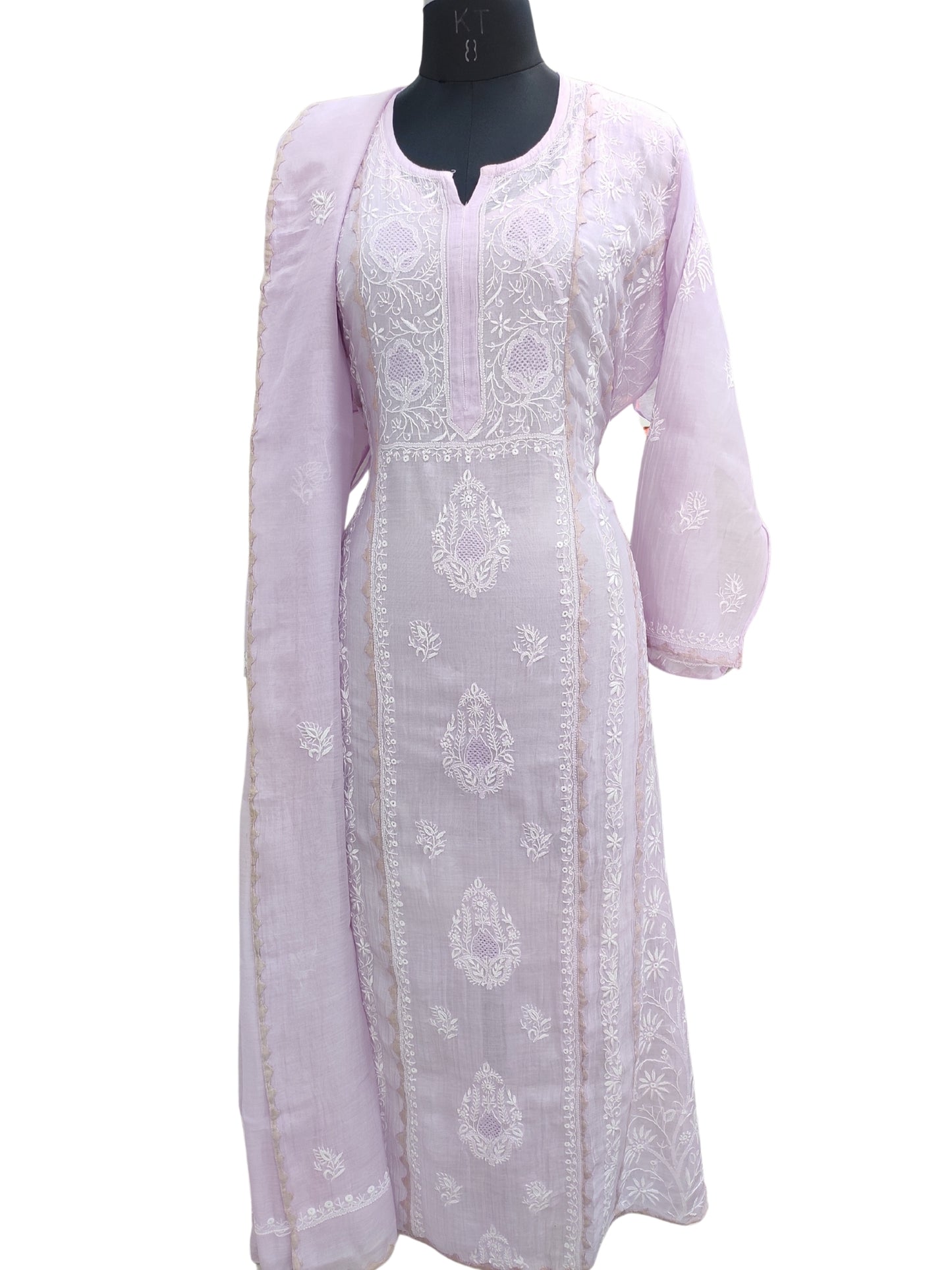 Shyamal Chikan Hand Embroidered Purple Mul Chanderi Lucknowi Chikankari semi stitched Suit Piece With Daraz Work (Kurta Dupatta Set) - S25091