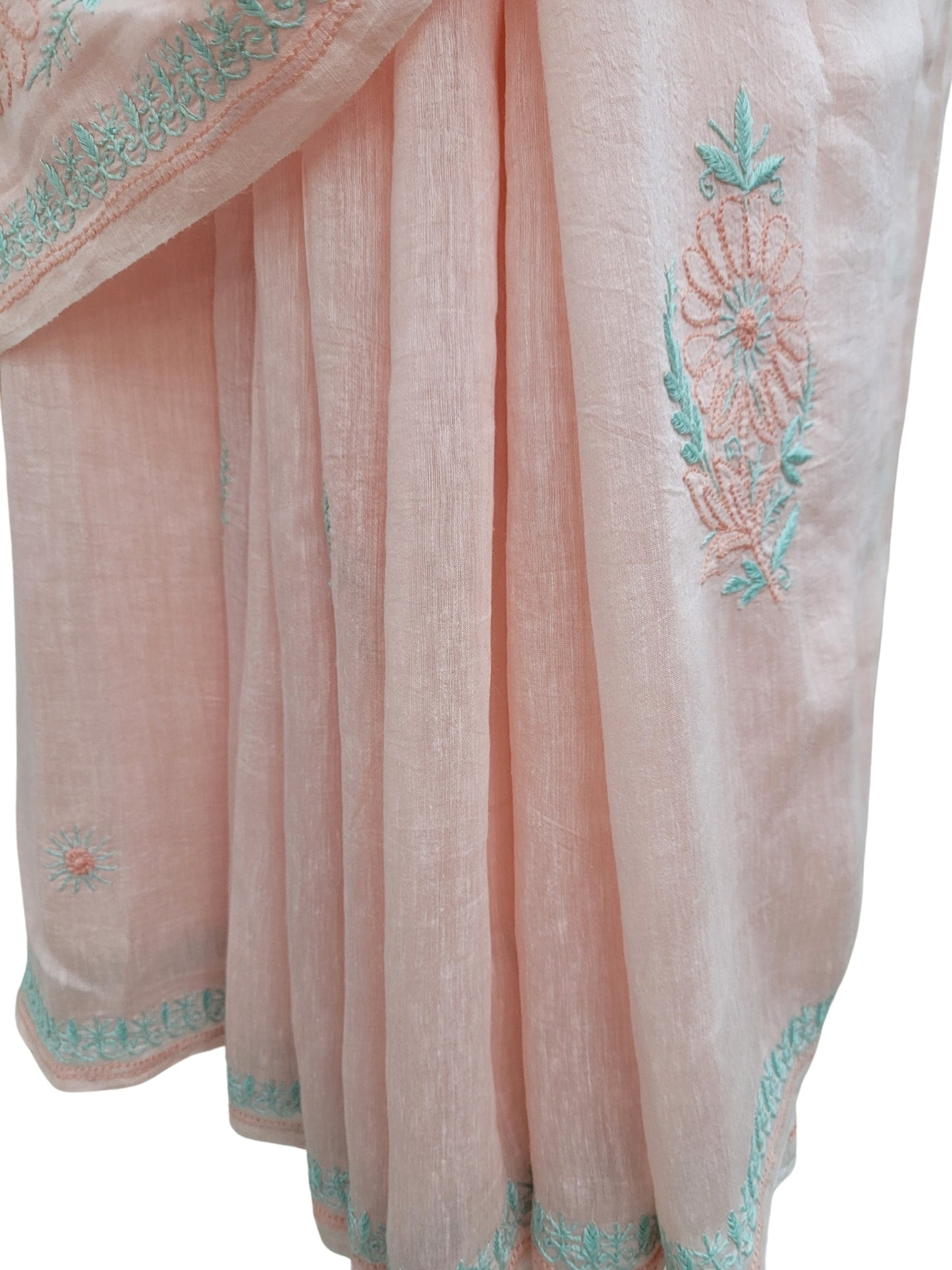 Shyamal Chikan Hand Embroidered Peach Pure Lenin Lucknowi Chikankari Saree With Blouse Piece- S24056