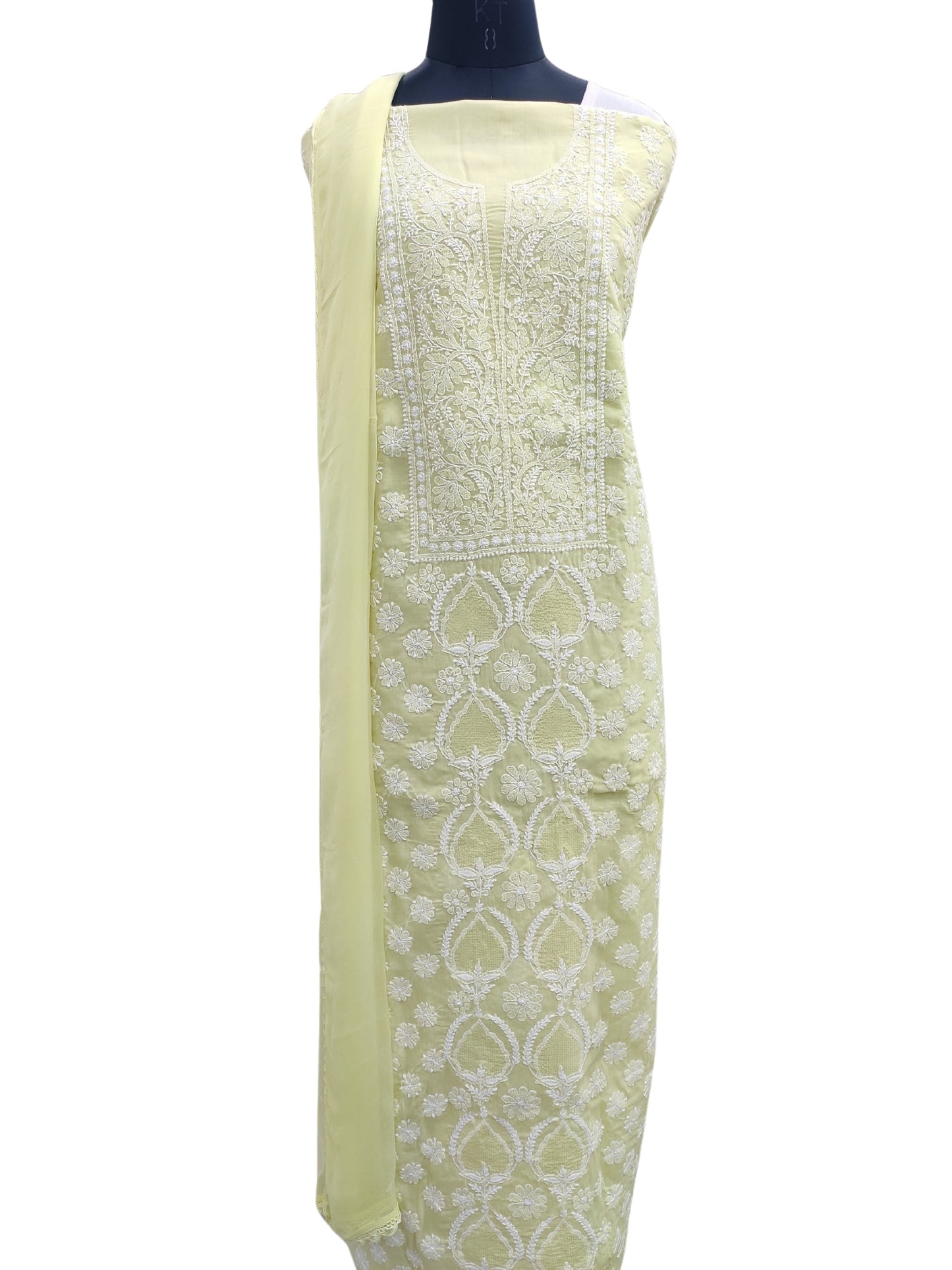 Shyamal Chikan Hand Embroidered Green Cotton Lucknowi Chikankari Unstitched Suit Piece With Jaali Work- S21856