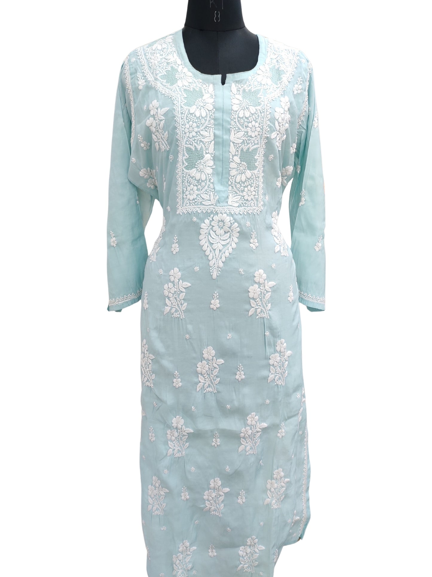 Shyamal Chikan Hand Embroidered Blue Cotton Silk Lucknowi Chikankari Semi Stitched Kurti- S23529