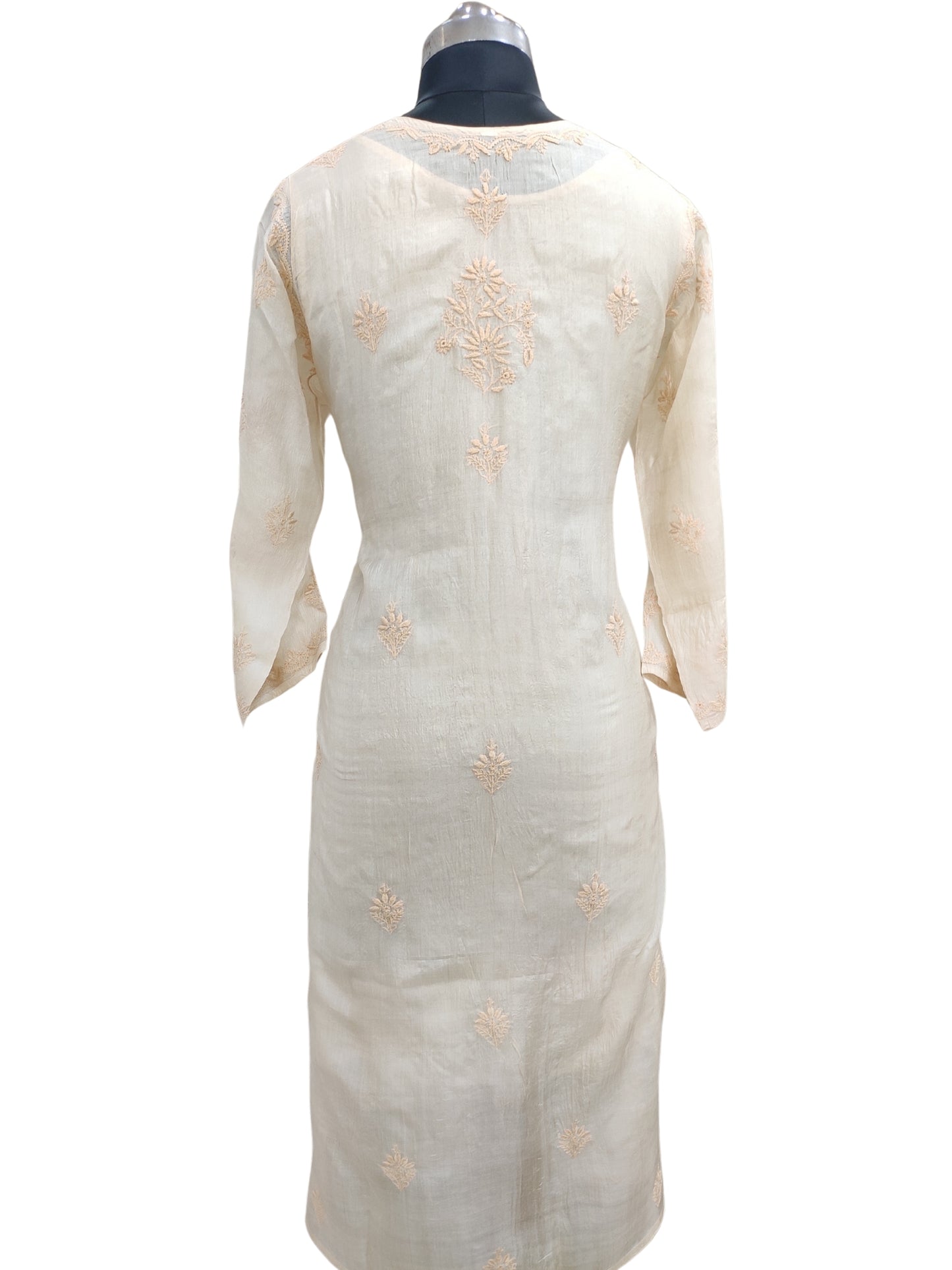 Shyamal Chikan Hand Embroidered Beige Pure Tusser Silk Lucknowi Chikankari Kurti- S25564