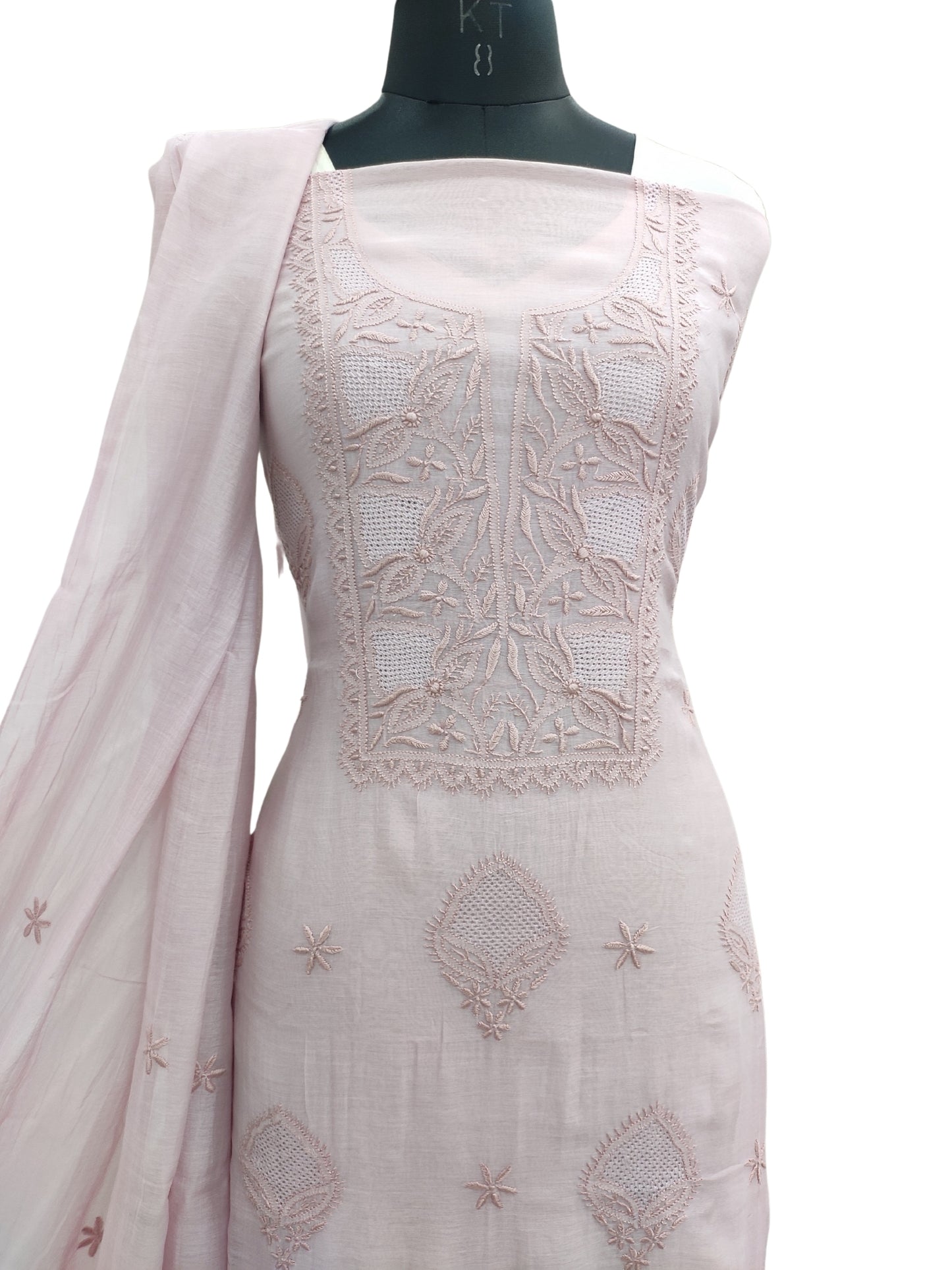 Shyamal Chikan Hand Embroidered Peach Mul Chanderi Lucknowi Chikankari Unstitched Suit Piece With Jaali Work (Kurta Dupatta Set) - S23728