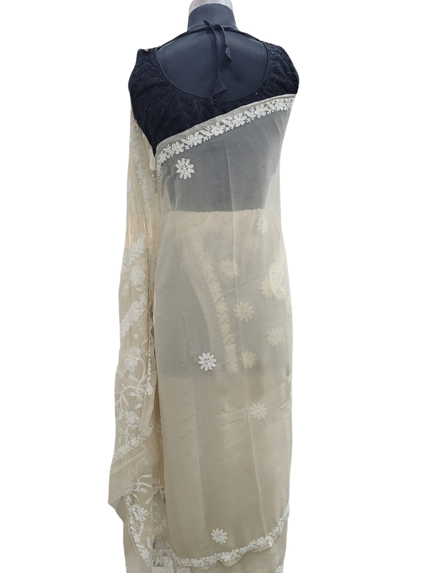 Shyamal Chikan Hand Embroidered Beige Georgette Lucknowi Chikankari Saree With Blouse Piece - S24977