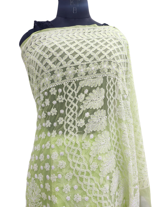 Shyamal Chikan Hand Embroidered Green Georgette Lucknowi Chikankari Full Jaal Saree With Blouse Piece - S23993