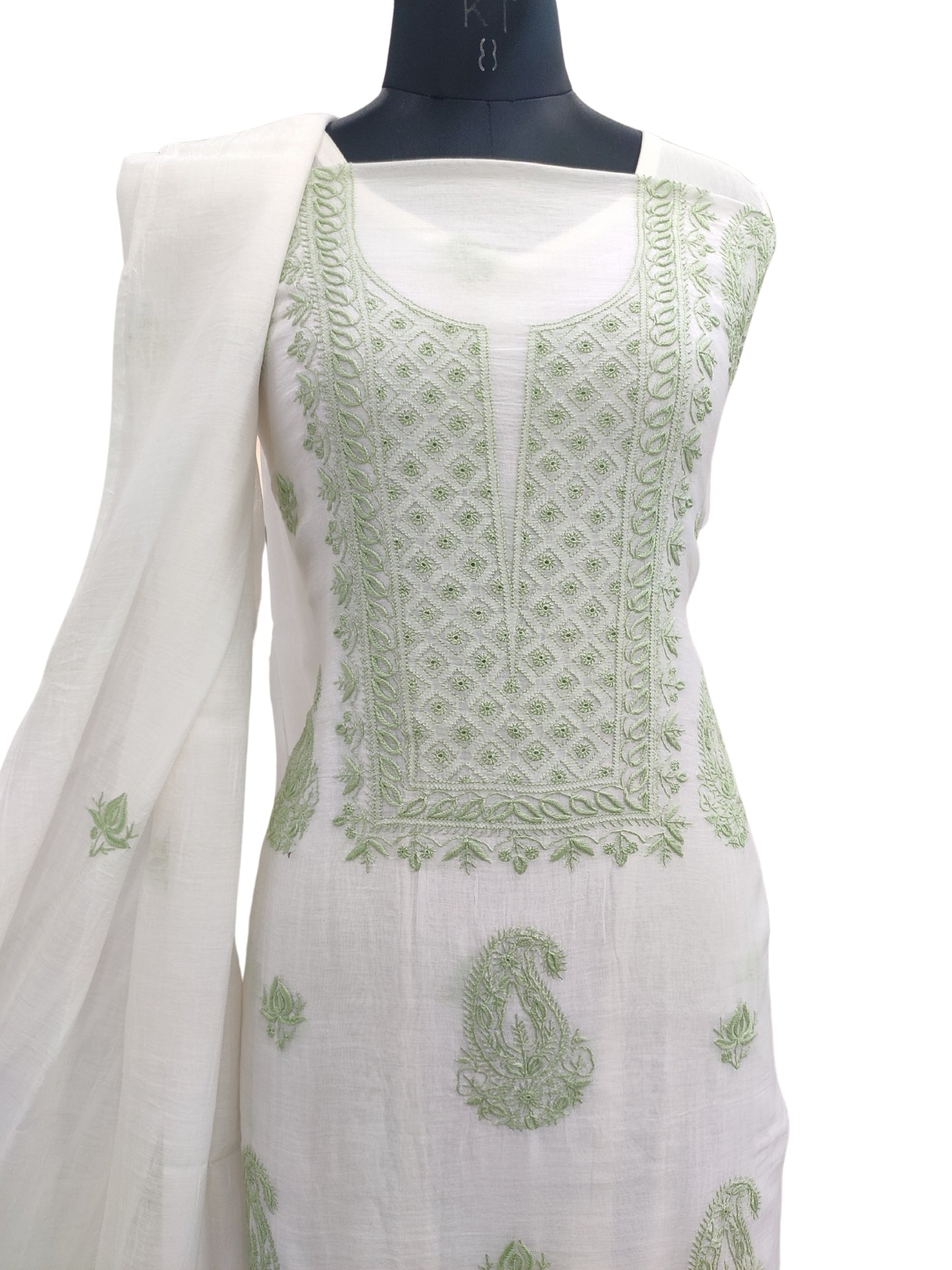 Shyamal Chikan Hand Embroidered White Mul Chanderi Lucknowi Chikankari Unstitched Suit Piece (Kurta Dupatta Set) - 23687