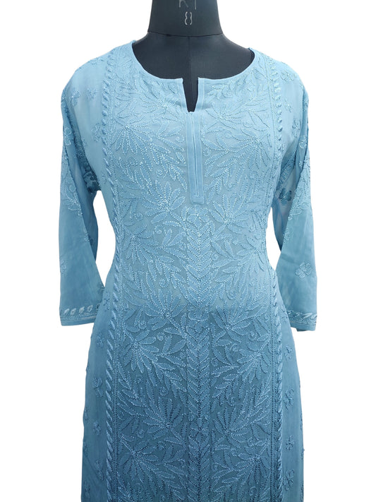 Shyamal Chikan Hand Embroidered Blue Viscose Georgette Lucknowi Chikankari Kurta and Bottom Set - S23671