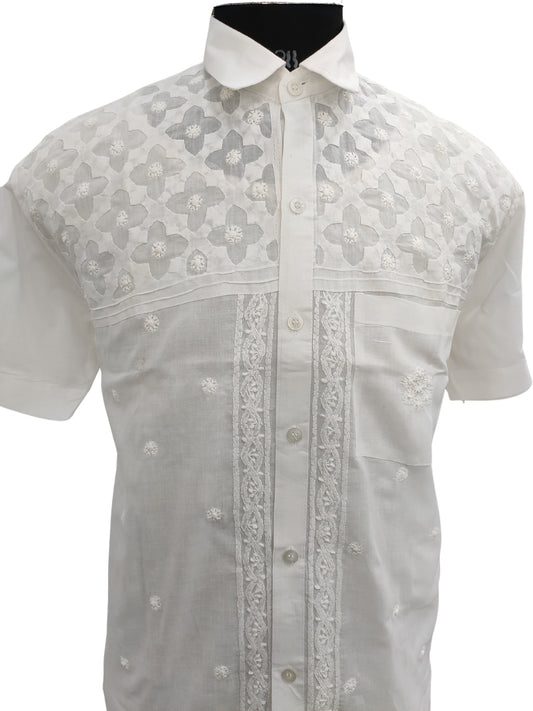 Shyamal Chikan Hand Embroidered White Cotton Lucknowi Chikankari Men's Shirt With Daraz Work – S23289