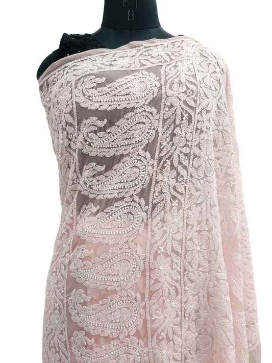 Shyamal Chikan Hand Embroidered Peach Georgette Lucknowi Chikankari Shoulder Jaal Saree With Blouse Piece - S21936