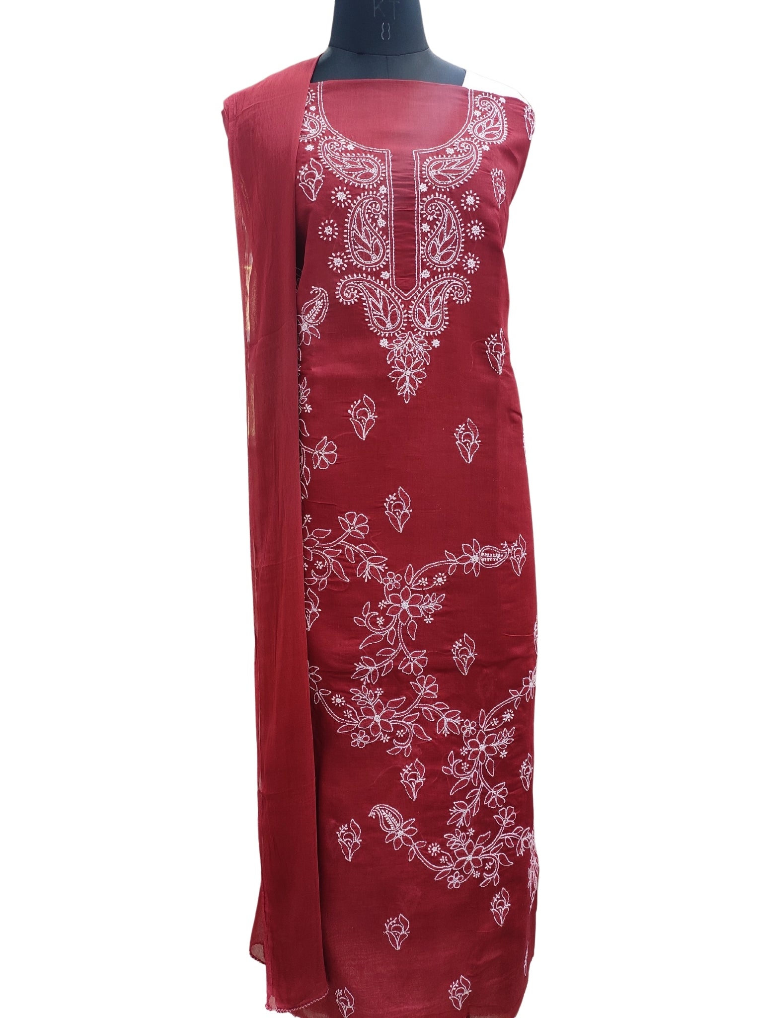 Shyamal Chikan Hand Embroidered Maroon Cotton Lucknowi Chikankari Unstitched Suit Piece - S24763