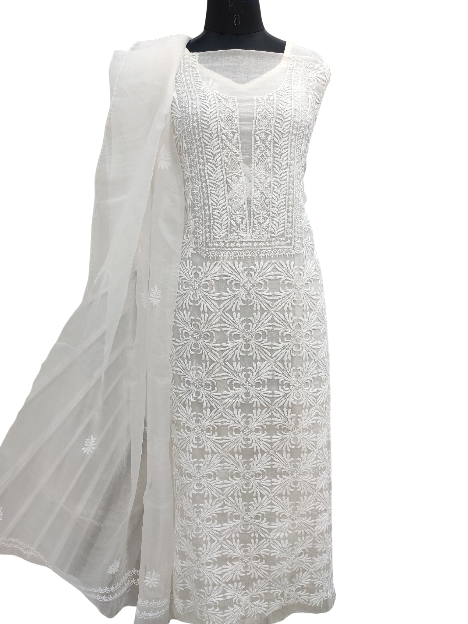 Shyamal Chikan Hand Embroidered White Organza Lucknowi Chikankari Unstitched Suit Piece (Kurta Dupatta Set)  - S24828