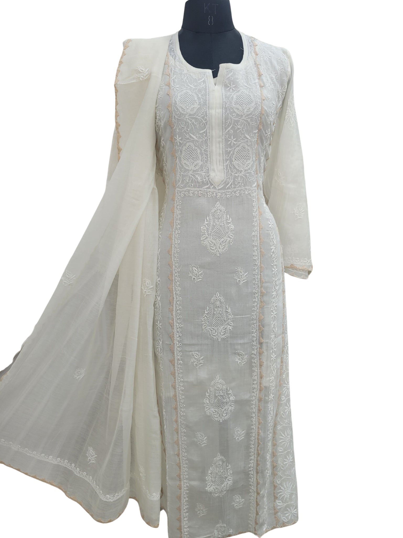 Shyamal Chikan Hand Embroidered White Mul Chanderi Lucknowi Chikankari semi stitched Suit Piece With Daraz Work (Kurta Dupatta Set) - S25084